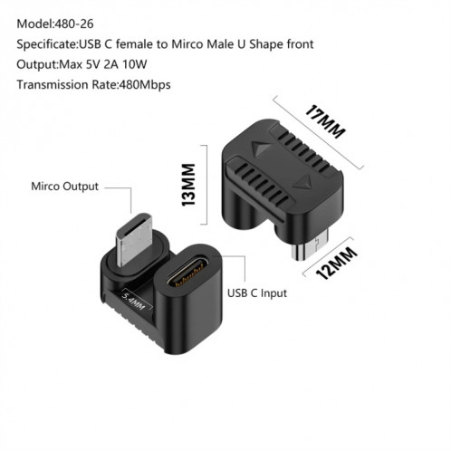 Adaptateur de type C femelle vers micro USB mâle, transmission de charge de données, spécification : type-C femelle vers micro mâle avant en forme de U. SH2702499-08